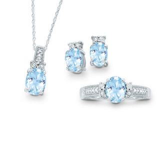Oval Aquamarine and Diamond Accent Three Piece Set in Sterling Silver