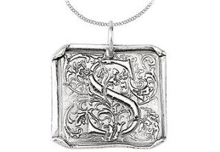 Sterling Silver .925 Rhodium Plating Vintage Letter S Initial Pendant Necklace Jewelry