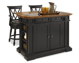 Home Styles Deluxe Tradition Island and Two Bar Stools, Black and Distressed Oak Finish   Kitchen Storage Carts