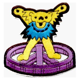 Grateful Dead   Yellow Jerry Bear / Lt. Blue Necklace / Purple Peace Sign   3"   Embroidered Iron On or Sew On Patch Clothing