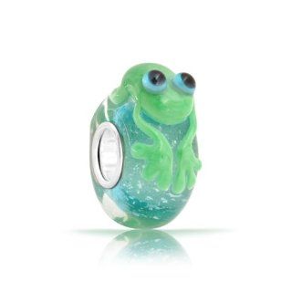 925 Sterling Silver Murano Glass Cute Green Frog Pandora Style Bead Jewelry