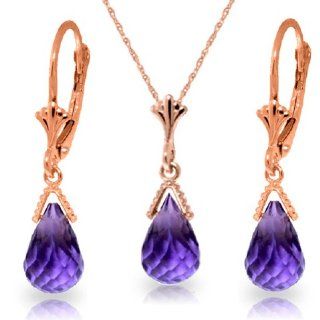 14k Rose Gold Jewelry Set Natural Briolette Purple Amethyst 18" Pendant Necklace and Dangle Earrings Jewelry