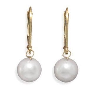 Grade AAA 7.5 8mm Cultured Akoya Pearl Drop Earrings with Yellow Gold Lever Backs Jewelry
