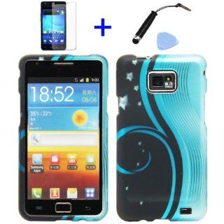 4 items Combo Stylus Pen + Screen Protector Film + Case Opener + Blue Swirl Aurora Wave Black Night Snow White Flower Vine Design Rubberized Snap on Hard Shell Cover Faceplate Skin Phone Case for Samsung Galaxy S2 / SII / II / 2 / SGH i777 / i9100 (AT&