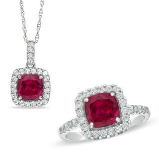 0mm Cushion Cut Lab Created Ruby and White Sapphire Frame Pendant