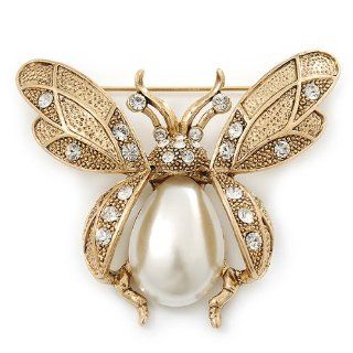 Vintage Inspired Crystal, Simulated Pearl 'Bumble Bee' Brooch In Gold Plating   60mm Across Brooches And Pins Jewelry