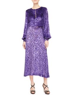 Womens Long Sleeve Geometric Devore Velvet Dress, Peacock Purple   Tamara