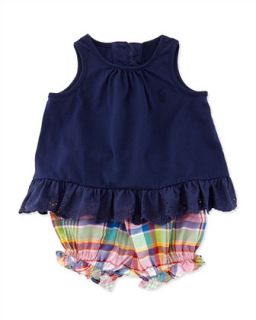 Enzyme Eyelet Trimmed Tunic & Plaid Bloomers Set, Newport Navy, Sizes 3 12