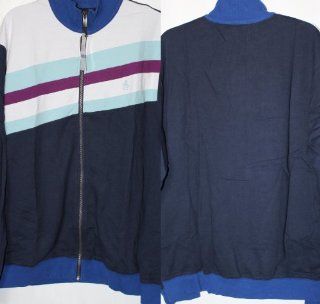 Original Penguin "Black Iris" (Navy) 100% Cotton Track Jacket.Slanted Accent Stripes on the Front Only are White, Purple, & Light Blue. Light Blue Penguin.Rear of Jacket is Solid Navy except for Royal Blue Collar & Cuffs, & Banded Bot
