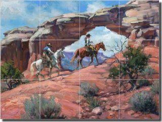 Between Rocks and Hard Places by Jack Sorenson   Western Cowboy Ceramic Tile Mural 17" x 12.75" Kitchen Shower Backsplash    