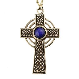 Small Celtic Cross with 8mm Lapis Lazuli Gemstone on 18" Rolo Chain Jewelry