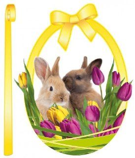 Stickers Easter sticker Wall Tattoo   Bunnies In Nest With Tulips, Yellow Egg (24 x 20 inches)   Wall Decor Stickers