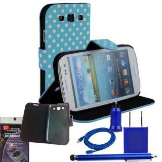 Blue Polka Dot Wallet Stand Case for Samsung Galaxy S3. Comes with USB Car charger, House Charger, 10ft Long Cable, Stylus Pen and Radiation Shield. Cell Phones & Accessories