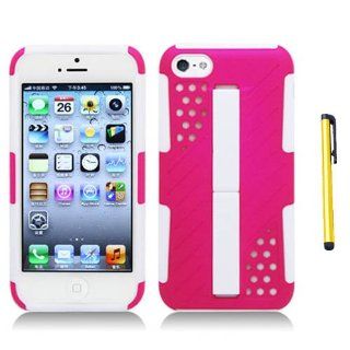 Hard Plastic Snap on Cover Fits Apple iPhone 5C Lite Pink On White Dual V Dot Stand Hybird Case + A Gold Color Stylus/Pen AT&T, Verizon, T Mobile, Boost Moblie, Sprint (does NOT fit Apple iPhone or iPhone 3G/3GS or iPhone 4/4S or iPhone 5/5S) Cell Pho
