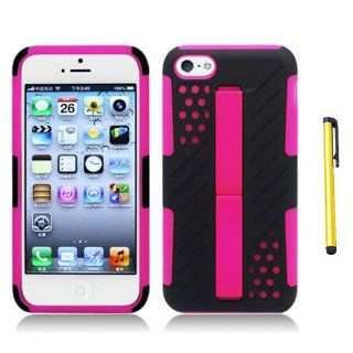 Hard Plastic Snap on Cover Fits Apple iPhone 5C Lite Black On Pink Dual V Dot Stand Hybird Case + A Gold Color Stylus/Pen AT&T, Verizon, T Mobile, Boost Moblie, Sprint (does NOT fit Apple iPhone or iPhone 3G/3GS or iPhone 4/4S or iPhone 5/5S) Cell Pho