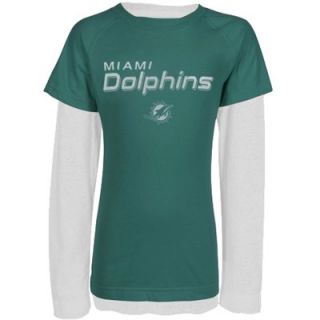 Miami Dolphins Youth Girls Faux Layered Team Name Raglan Long Sleeve T Shirt   Aqua/White