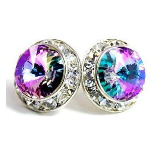 15MM Iridescent Rainbow Jewel Tone 'Vitrail' Light Violet, Blue & Green Swarovski Crystal Elements Round Stud Earrings, Hypoallergenic Posts Jewelry