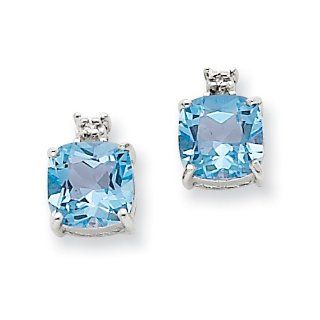 Cushion Shape Blue Topaz & Diamond Earrings in 14kt White Gold   Friction Back GEMaffair Jewelry