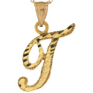 14k Gold 1.76cm Fancy Script Letter T Diamond Cut Initial Charm Pendant Jewelry