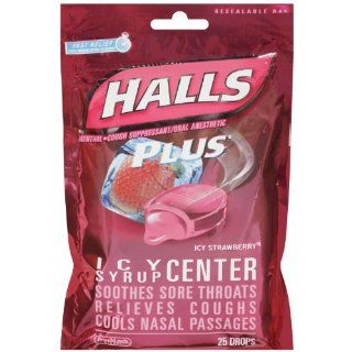 Halls Plus Icy Strawberry Bag, 25 Count (Pack of 12)  Cough Drops  Grocery & Gourmet Food