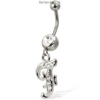 Cursive initial belly button ring, letter F Jewelry