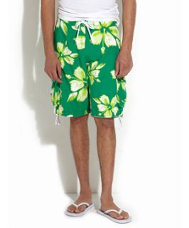Green Hibiscus Print Surf Shorts