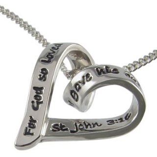 LDS Womens Silver Finish Steel God So Loved the World Heart Necklace on a 18" 20" Adjustable Curb Link Chain for Girls   "For God So Loved the World That He Gave His Only Begotten Son" St John 316 Jewelry