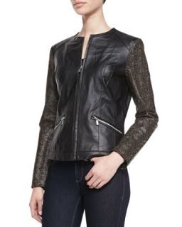 Womens Leather Laser Cutout Sleeve Moto Jacket   Black (SMALL/4 6)
