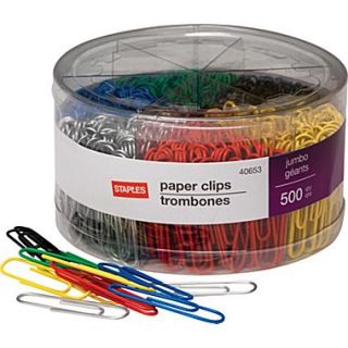 Jumbo Vinyl Coated Paper Clips, Smooth, 500/Tub