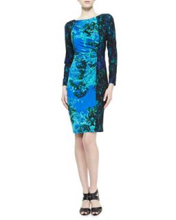 Womens Long Sleeve Contrast Print Dress, Turquoise/Black   David Meister  