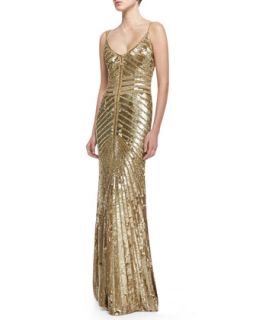Womens Spaghetti Strap Beaded Deco Gown, Gold   Theia by Don ONeill  