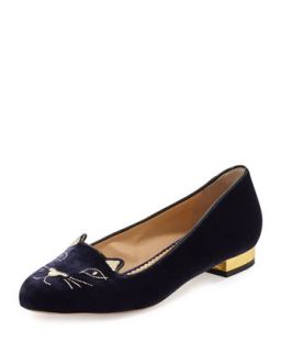 Kitty Velvet Cat Embroidered Flat, Navy/Gold   Charlotte Olympia   Navygold (40.