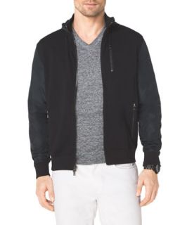 Mens Fleece/Nylon Zip Hooded Jacket   Michael Kors   Black (SMALL)
