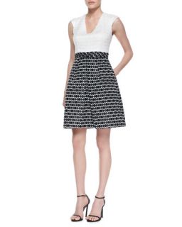 Womens Contrast Texture Fit and Flare Dress, White/Black   Kay Unger New York  