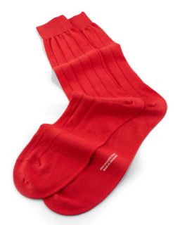 Mens Mid Calf Solid Sea Island Ribbed Socks, Scarlet   Pantherella   Red