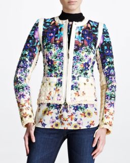 Womens Quilted Floral Print Jacket, Blue/White   Roberto Cavalli   Blue multi