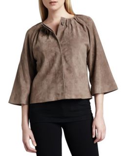 Womens Suede Pleated Cropped Jacket   Jo Peters   Taupe (8 10)