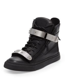 Mens Double Strap High top Sneaker, Black   Giuseppe Zanotti   Black (42/9.0D)