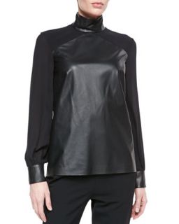 Womens Long Sleeve Silk and Leather Top   Tamara Mellon   Black (2)