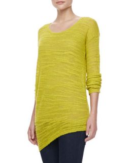 Womens Long Sleeve Slub Crewneck Sweater, Chartreuse   Halston Heritage  