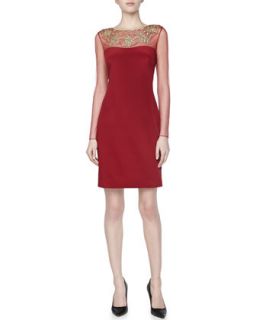 Womens Long Sleeve Beaded Neck Cocktail Dress, Red   Notte by Marchesa   Red