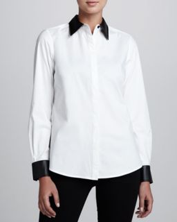 Womens Shirt with Faux Leather Trim   Go Silk   White (MEDIUM (8/10))