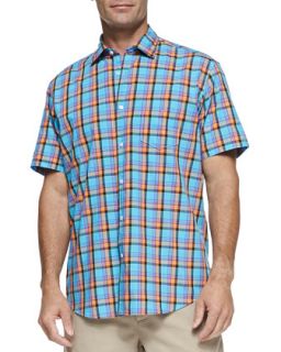 Mens Multi Plaid Short Sleeve Shirt, Turquoise   Turquoise (SMALL)