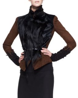 Womens Belted Lambskin Suede & Fur Jacket, Cognac/Black   Donna Karan  