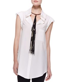 Womens Cap Sleeve Cotton Top with Pocket, White   Donna Karan   White (4)