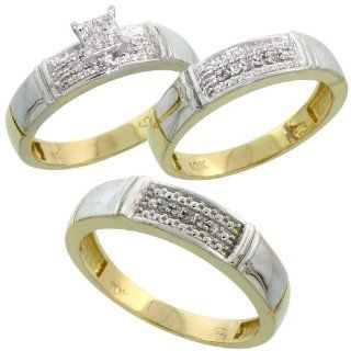 10k Yellow Gold Diamond Trio Engagement Wedding Ring Set for Him and Her 3 piece 5 mm & 4.5 mm, 0.13 cttw Brilliant Cut, ladies sizes 5   10, mens sizes 8   14 Jewelry