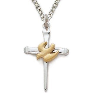 3/4" Sterling Silver Holy Spirit 2 Tone Nail Cross Necklace with Descending Dove on 18" Chain Jewelry