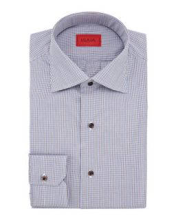 Mens Micro Check Cotton Shirt, Brown/Blue   Isaia   Blue (17 1/2)