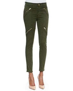 Womens Panel Zip Skinny Moto Pants, Olive Sateen   7 For All Mankind   Olive
