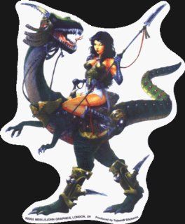 Fierce Dragon in Armor with Sexy Warrior Woman with Staff Riding Him   Sticker / Decal Automotive